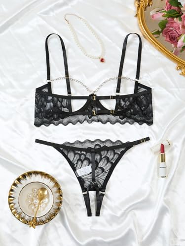 Image of Lilosy Sexy Underwire Floral Lace Sheer Lingerie Set for Women See Through Bra and Panty 2 Piece