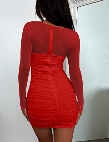 Image of BORIFLORS Women's Sexy Ruched Bodycon Long Sleeve Mini Dress