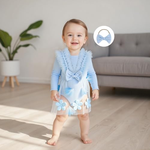 Baby Girl Romper Dress Baby Dress Romper Lace Flowers Knit Bodysuit Fall Winter Clothes with Headband2
