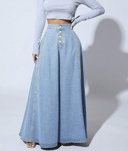 Femiserah Women's Retro High Waisted Button Fly Flared Long Jean Skirts A Line Pleated Flowy Swing Denim Maxi Skirts2
