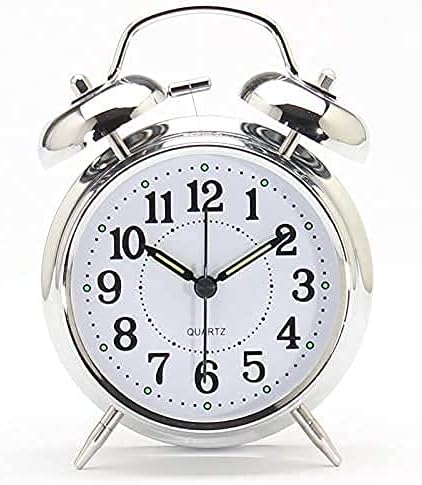 SHENKY Reloj despertador de campana doble de 4 pulgadas sin tictac, esfera 3D con marco de metal con función de retroiluminación, reloj de mesa de