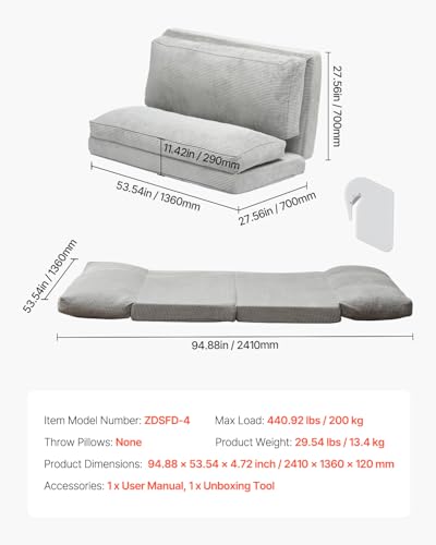 VEVOR 3 in 1 Klappsofa faltbares Schlafsofa mit 2 Kissen & waschbarem Bezug, umwandelbarer Schlafsessel aus 25D Memory Foam, Couch für Wohnzimmer Schlafzimmer, Hellgrau (Full / 2410 x 1360 x 120 mm)