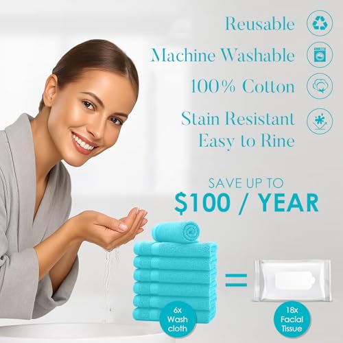 Image of DAN RIVER 12-Pack Premium 100% Cotton Aqua Face Towels for Bathroom - Reusable Face Wash Cloths for Showering 12x12 Inches - 550 GSM Super Soft & Absorbent Luxury WashCloths for Body, Spa & Gym