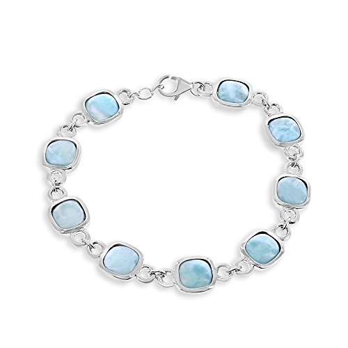 Sterling Silver Natural Larimar Square Stone Link Bracelet