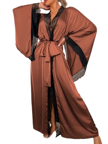 ChiaoLezhee Silk Long Robe For Women Satin Lace Trim Bride Wedding Night Bridal Bridesmaid Kimono Robes Lightweight Boudoir Outfits Sexy High Slit Bathrobe Kimonos Brown Large