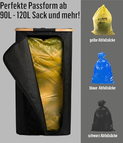 Deco haus® Gelber Sack Ständer mit deckel [90-120L] - Müllsackständer mit Bambusrahmen und fixierendem Metallring - Mülleimer 120 liter - Reißverschluss - Gelber Sack Ständer Klappbar Schwarz