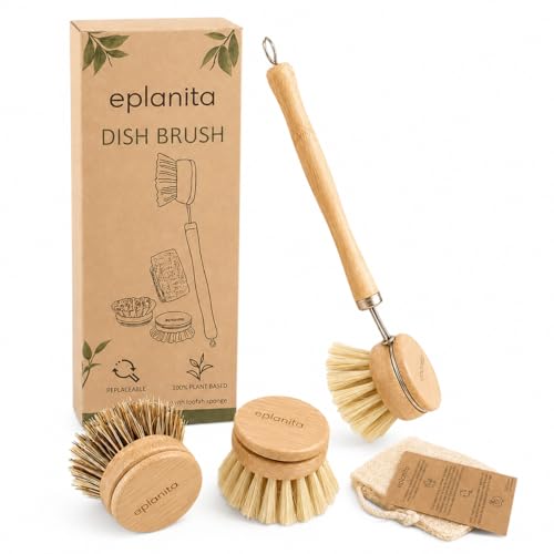 eplanita Natural Dish Brush 3 Replacement Heads Kitchen Eco Bamboo Scrubber Brushes Extra Plant Sponge Plastic Free Washing Up Zero Waste Cleaning
