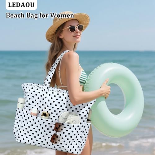 Image of LEDAOU Large Beach Bag Women Waterproof Sandproof Zipper Beach Tote Pool Bag for Swim Gym Grocery Travel with Wet Pocket