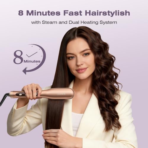 Image of Steam Hair Straightener Brush, Steamline Pro 3 in 1 Straightening Brush, Curly & Frizzy Hair,Smooth Without Flattening, 5 Temp Settings & LED Display, Dual Voltage, Professional Tools, Sun Orange