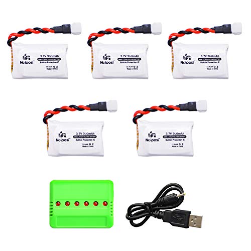 5pcs 3.7V 300mAh 25C LiPo Battery with 1 in 6 Charger Compatible with FQ777 X11,Hubsan X4 H107C H107D H107L,JJRC H22 RC Quadcopter Drone