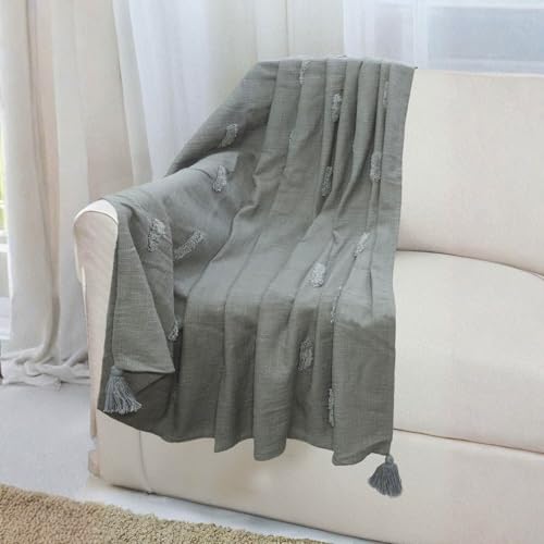 Image of Tufted Cotton Throw Blanket for Sofa & Bed | Handwoven Grey Decorative Throw with Tassels | Soft Couch Throw for 3 Seater, Living Room & Bedroom 125x150 cm
