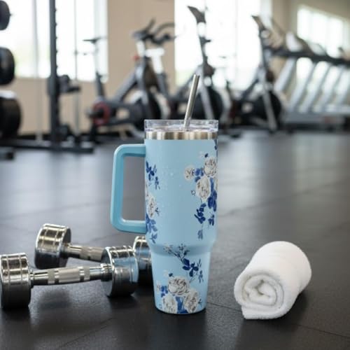 Image of Silver Shark Insulated Tumbler with Straw and Handle |Color Blue Flower| 1200 ML