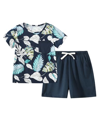 Image of Boy Shorts Sets Summer Hawaii Outfit Palm Print Short Sleeve T-Shirt and Drawstring Cotton Shorts with Pockets