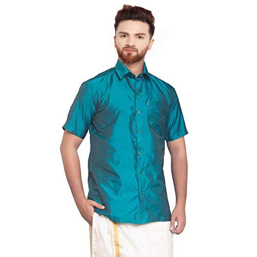 Image of SJS-Men's Half Sleeve Solid Art Silk Shirt