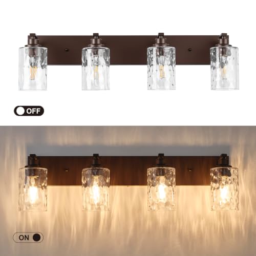Image of 4-Light Bathroom Light Fixtures Modern ORB Vanity Lights | Easy to Install Clear Hammered Glass Shades, Rippled Glow, Wall Mount Up or Down, E26 Socket, Hardwired, 120V