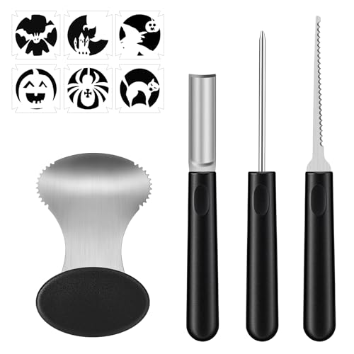 Antner Professional Pumpkin Carving Kit 4PCS Heavy-Duty Stainless Steel Pumpkin Carving Tools Set with 6PCS Self-Adhesive Stencils for Easy Creating Halloween Jack-O-Lantern Decorations