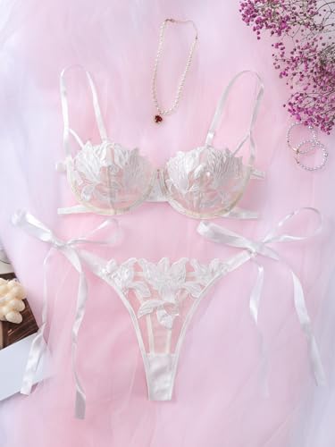 Image of Lilosy Sexy Tie Side Cute Underwire Push Up Strappy Embroidered Mesh Sheer Lingerie Set