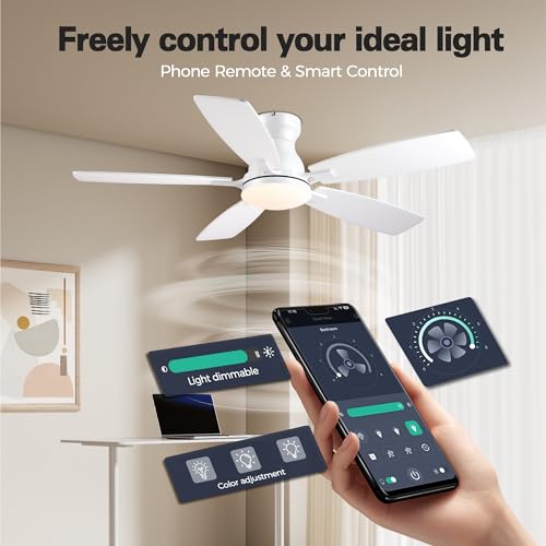 Image of JSAITEE 46in Ceiling Fans with Lights - Flush Mount Low Profile Ceiling Fan with DC Motor, 6 Speeds 3CCT Dimmable, Modern Indoor Fan Light Fixtures for Bedroom, Kitchen, White