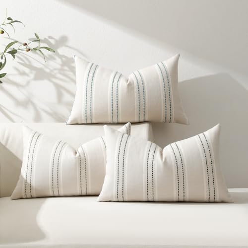Image of Hckot Throw Pillow Covers 12x20 Set of 2 Teal Pillow Covers Farmhouse Decorative Pillows Textured Linen Square Cushion Covers for Sofa Couch Bed Living Room Decor(Teal)