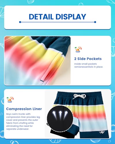 Angel season Boys Swim Trunks with Compression Liner Toddler Swim Shorts Stretch Bathing Suits for Boy Swimsuit Size 2-84
