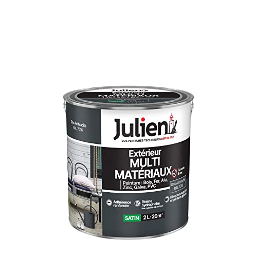 Julien Peinture Multi-Matériaux Satin en phase Aqueuse - Bois, Fer, Alu, PVC, Zinc, Acier galvanisé, brut ou peint - Gris Anthraracite 2 L