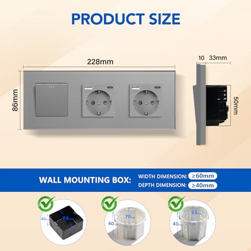 BSEED Lichtschalter mit Steckdose 1 Fach 2 Wege,Wandschalter mit 16A Schuko Steckdose mit Doppel USB Anschluss (Max. 2.1A) Typ C Port Grau,Physische Unterputz Wechselschalter mit Steckdose- 228mm