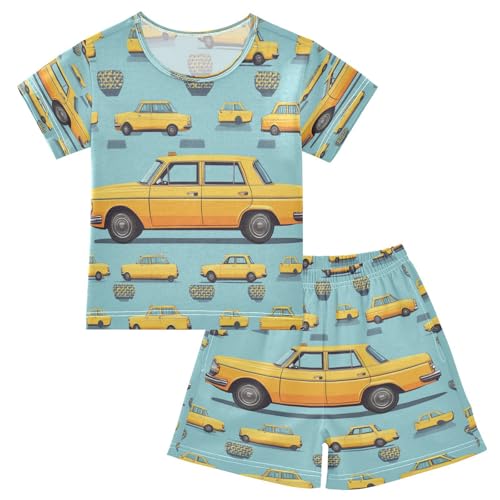 Pajama Sets Short Sleeve Cartoon Yellow Taxi Car Soft Cotton Summer Sleepwear 2 Piece PJS Size 5-14T