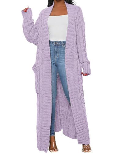 LIVECLOTH Long Cardigan Sweaters for Women Plus Size Floor Length Knitted, Stylish Cable Knit Dual Pocket Cardigan Long Plus Size (Light Purple, 2XL)