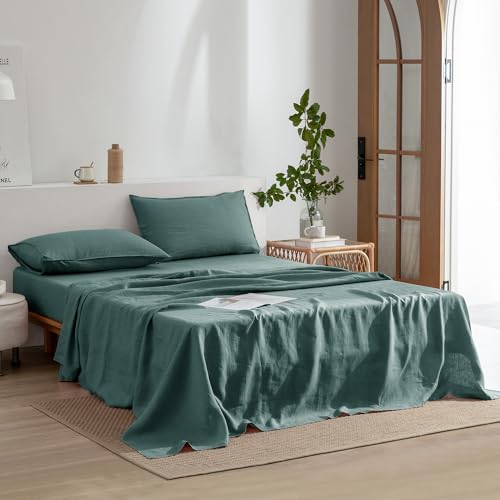EVERLY Linen Sheets California King Size,100% Stonewashed French Linen Sheets Deep Pocket Sheets,4Pieces (1Flat Sheet,1Fitted Sheet,2Pillowcase) Natural Flax Soft and Breathable for Hot Sleepers-Aqua