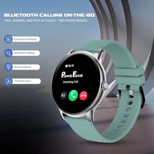 Image of PunnkFunnk Glavito Round Dial Smartwatch 1.49 inch AMOLED Display, 100+ Sports Modes, IP67, Health Tracking, Bluetooth Calling, Functional Crown Control, 100+ Watch Faces for Men & Women (Light Green)