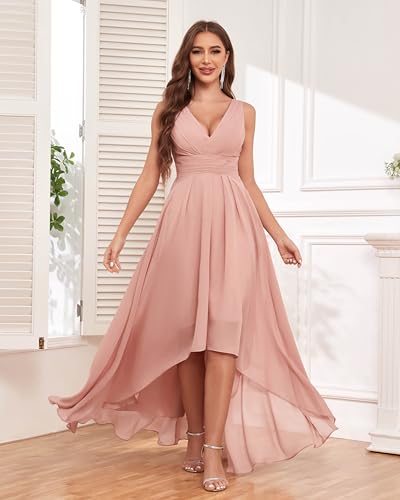 High Low Bridesmaid Dress V Neck Chiffon A Line Long Formal Dresses Evening Gowns with Pockets3