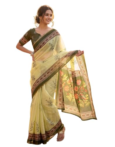 Image of SIRIL Women's Printed Cotton Linen One Minute Ready to Wear Saree With Unstitched Blouse Piece