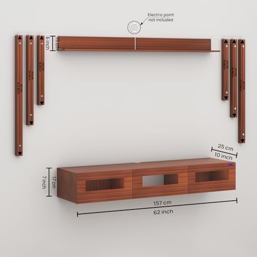 Image of Anikaa RayzaNote Engineered Wood Wall Mount TV Unit Acrylic Blue LED Storage Box, Side Wooden Accent Spot Light I Deal for Up to 55 Inch TV Walnut - DIY Installation
