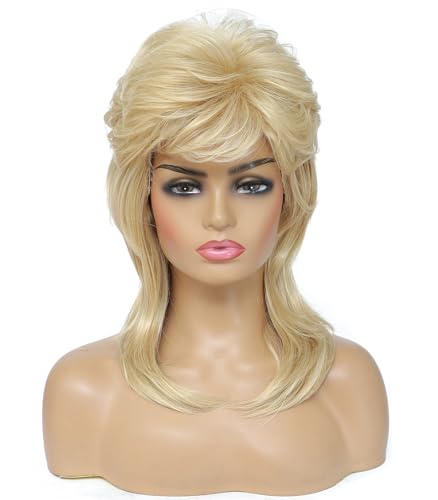 Cariniss Mullet Wig for Women Shoulder Length Synthetic Cosplay Wig 80s Wigs Halloween Cosplay Daily Hair Wigs (Light Blonde)