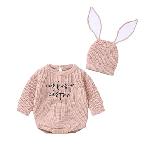 My First Easter Baby Girl Boy Outfit 9-12 Months Long Sleeve Knit Romper Onesie with Bunny Hat Infant Clothes