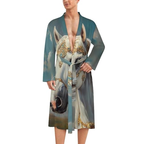 White Horse Wearing Gold Jewelry Funny Men's Robe Novelty Soft Lightweight Bathrobe Long-sleeve Spa Robes