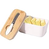 MHWGY Porcelain Airtight Butter Dish with Knife, White Airtight Rectangular Butter Keeper with Wood...