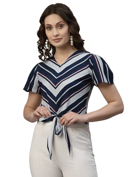 Image of Style Quotient Blue Striped Crepe Crop Top