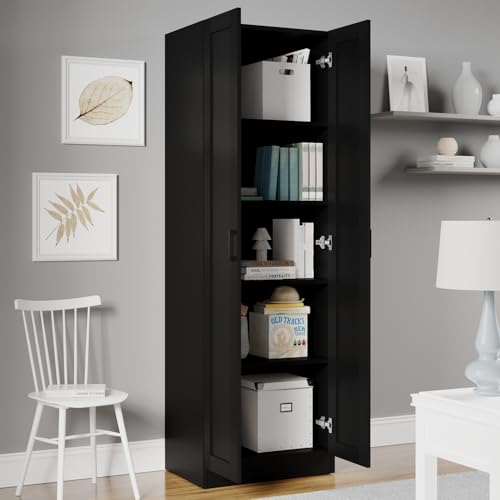 Panana Wooden Storage Cabinet, Freestanding Tall Kitchen Cupboard Sideboard Organizer Unit With 2 Doors & Adjustable Shelves, High Utility Cabinet for Living Room, Bedroom, Kitchen and Hallway (Black) - Image 4