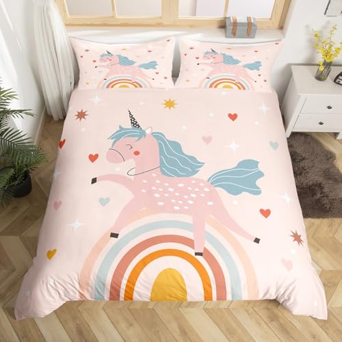 Homemissing Licorne Mignonne Housse de Couette 200x200cm Cheval de rêve Parure de Lit pour Enfants Garçons Filles décor Dessin animé Licorne Arc-en-Ciel Amour cœur...