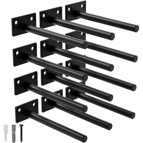 LEOPO 12-Pack 10 inch Floating Shelf Brackets Hidden Shelf Bracket for Wood Concealed Blind Shelving Support Invisible Black Coated Brackets for DIY Decorative Fit for Kitchen Bathroom Study Room