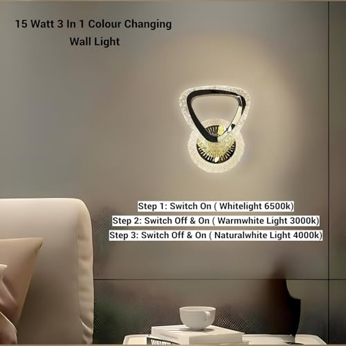 Image of Sinoman Modern Teardrop Crystal LED Wall Light Decorative Sqaure Ring Design Sconce 3 Step Adjustable Color Changing, Soft Lighting for Living Room, Bedroom, Hallway, and Home Decoration (Inbuilt Led)