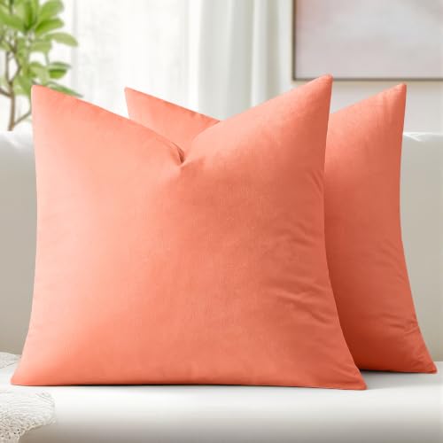 Image of MIULEE Pack of 2, Velvet Soft Solid Decorative Square Throw Pillow Covers Set Cushion Cases Pillowcases for Sofa Bedroom 18x18 Inch Coral Red