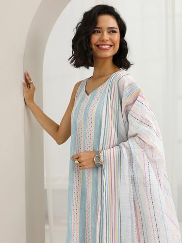 Image of Libas Womens Woven Design Cotton Blend Straight Kurta With Palazzos and Dupatta | daily wear suit