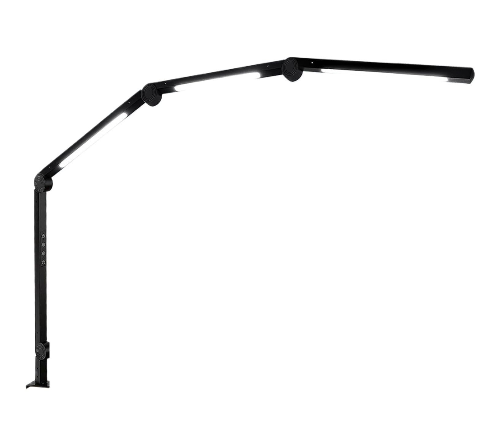 Lampa biurkowa LED z zaciskiem, elastyczne 4-częściowe ramię wychylne, lampa biurkowa z trzema źródłami światła, 4 tryby kolorów i 5 poziomów jasności