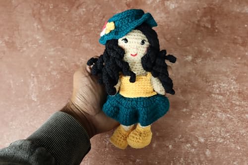 Image of Sutra Handmade Crochet Doll in Yellow & Teal Dress with Cap | Wool Amigurumi Plush Toy | Soft Handmade Gift for Kids, Nursery & Home Decor