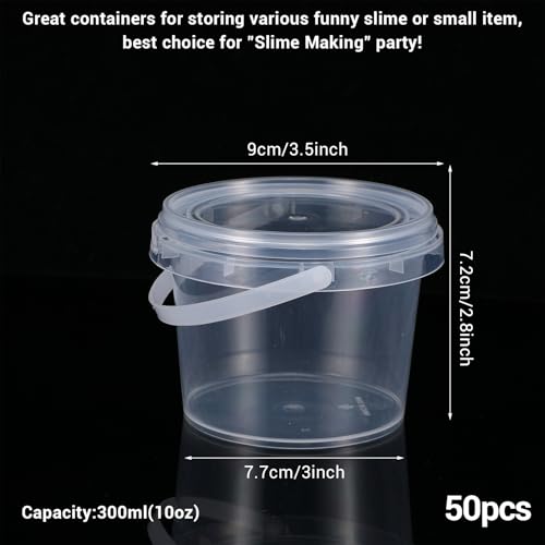 Image of 50 PCS 10 oz Slime Containers with Lids and Handles, Plastic 300ml Storage Bucket Containers, Clear Slime Storage Case for Slime DIY Art Craft, Pigment, Small Tools, Part Material