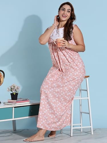 Image of 9shines Label Cotton Sleeveless Nighty | All Over Print Maxi Night wear for Women | Full Length Night Gown Night Dress for Women Stylish (Cotton Sleeveless 25)