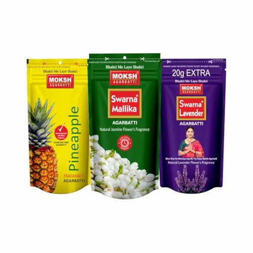 Image of Moksh Swarna Agarbatti Combo Pack of 7 - Pineapple x2, Natural Lavender x2 & Natural Jasmine x3 Fragrance - Made with Charcoal Powder, Sawdust, Bamboo Stick & Perfume - for Puja & Daily Rituals