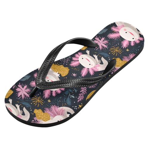 ALAZA Cute Axolotl Leaf Pattern Flip Flops for Women Fashion Beach Slippers Comfort Mens Flip Flops Non-Slip Rubber Shower Slippers Sandal for Hotel Travel Sport,XS2